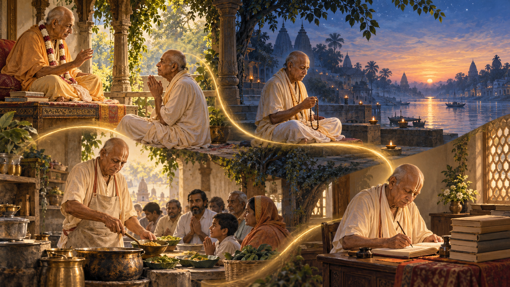 Four connected scenes show a Vaishnava seeker receiving guidance, chanting prayer beads, serving a meal and translating scripture at a desk.