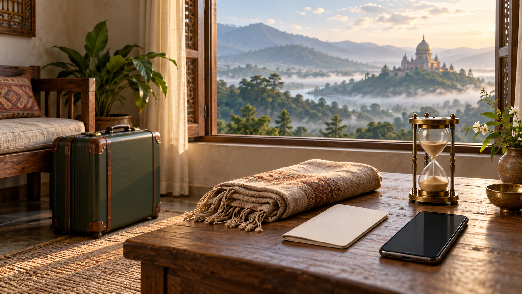 A closed suitcase, unmarked travel document, dark smartphone, and running hourglass sit near a window overlooking a distant domed temple.