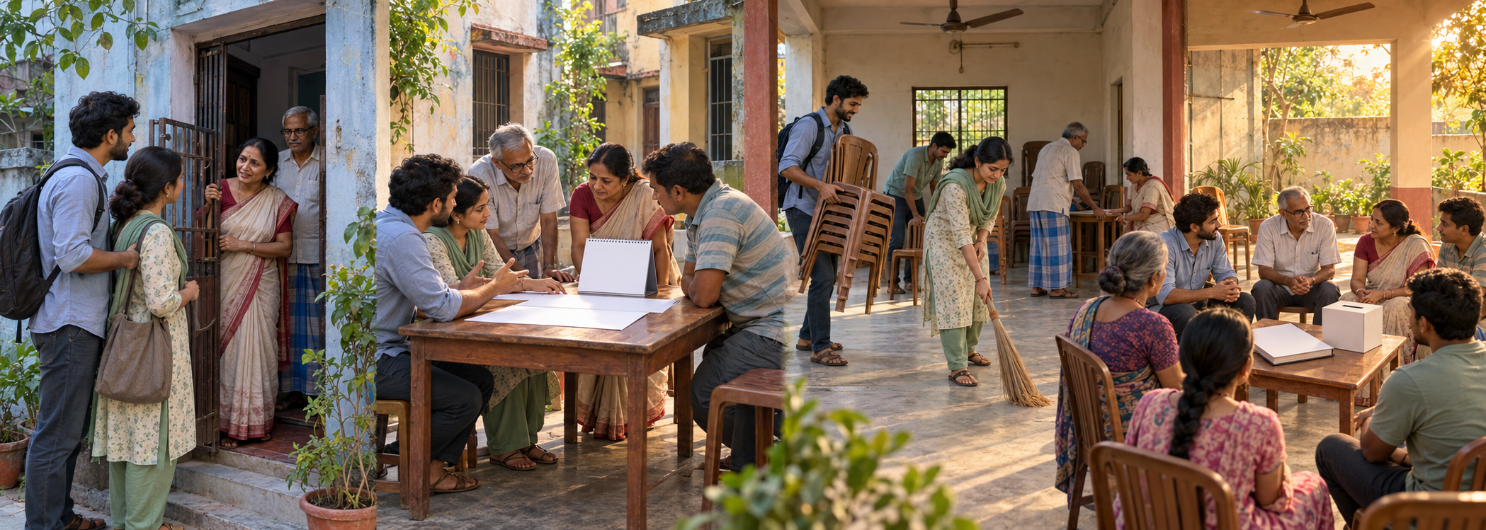 Four connected scenes show an introduction, joint planning, venue preparation, and a follow-up community meeting.