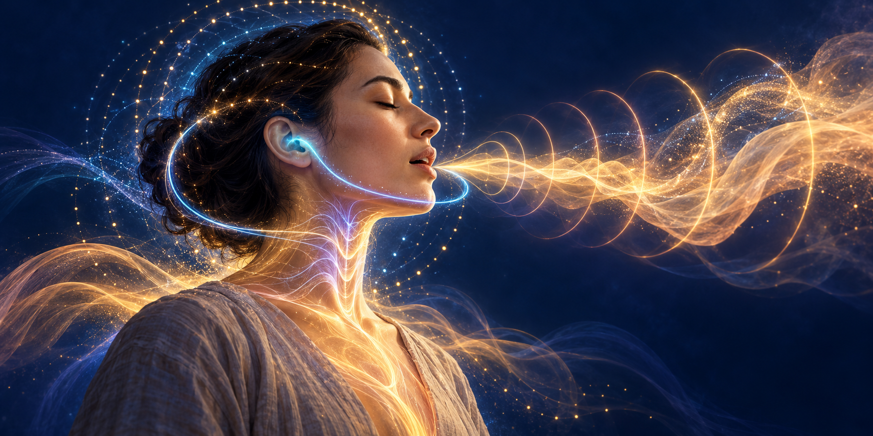 A person chants in profile while intertwined patterns represent breath, vocal vibration, rhythm, hearing, and attention.