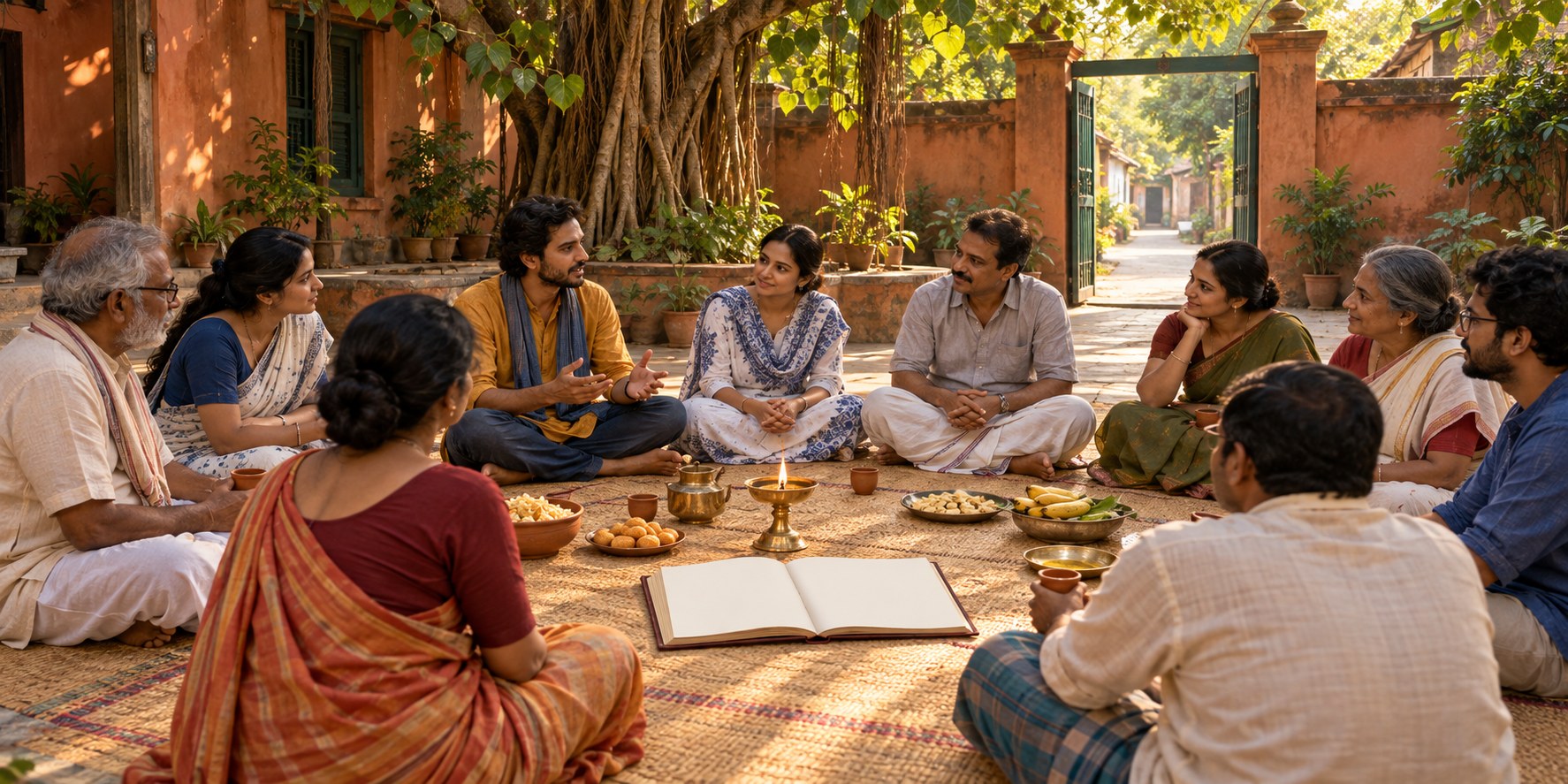 Residents and organisers listen to one another in an open courtyard around a small brass lamp and blank ledger.