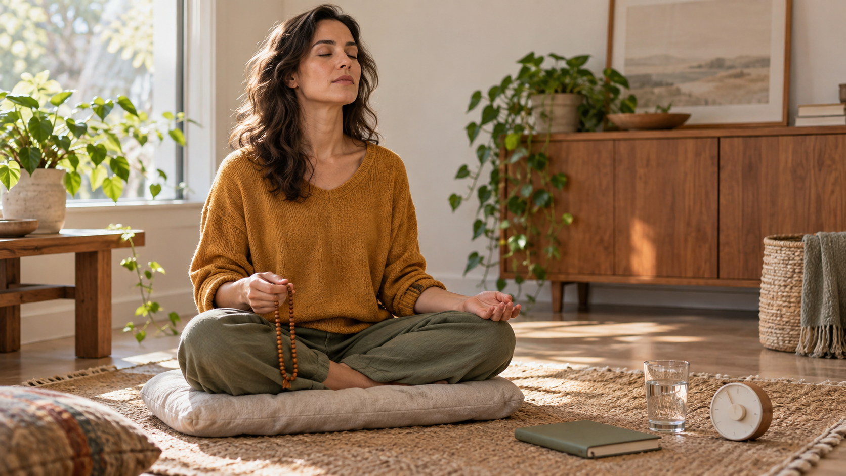 An adult practices audible mantra repetition on a cushion in a quiet room with beads, water, a notebook, and a simple timer nearby.