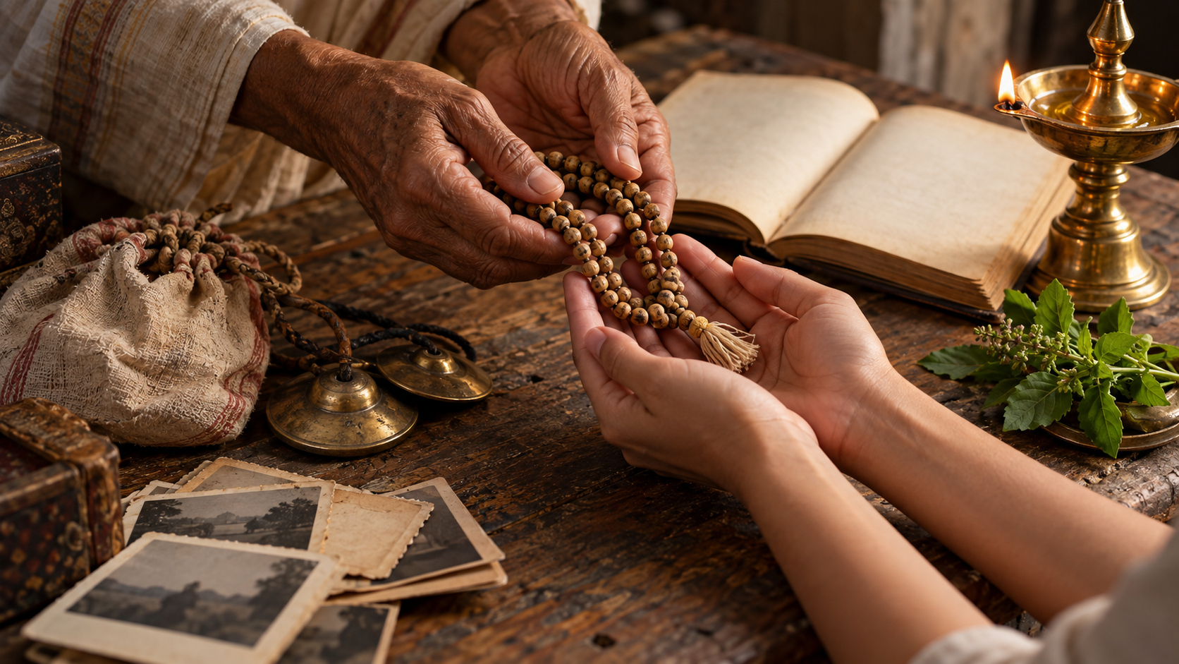 Older hands pass prayer beads to younger hands above a table holding cymbals, a sacred book, a brass lamp, tulasi leaves, and old photographs.