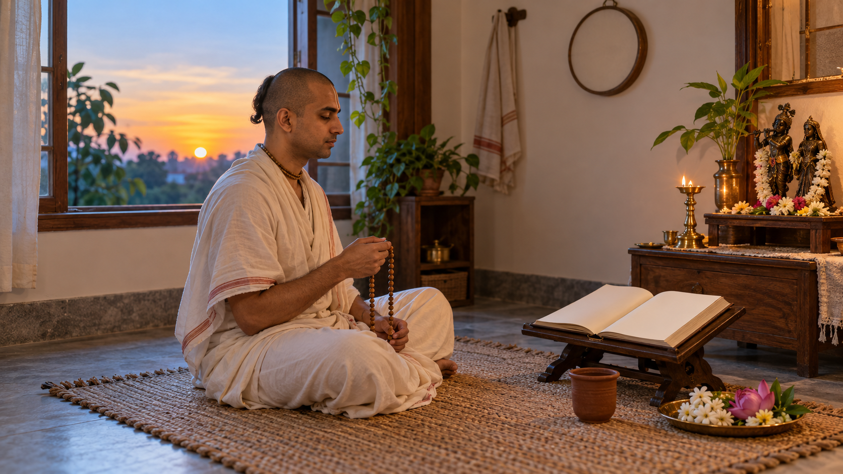 A devotee chants on prayer beads at dawn beside an open sacred book, flowers, a brass lamp, and a simple home shrine.