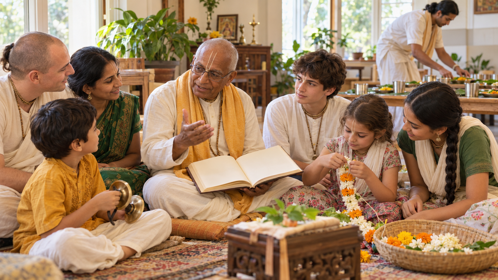 Children, teenagers, adults, and an elderly teacher gather around a sacred book while learning music, flower garland making, and meal service.