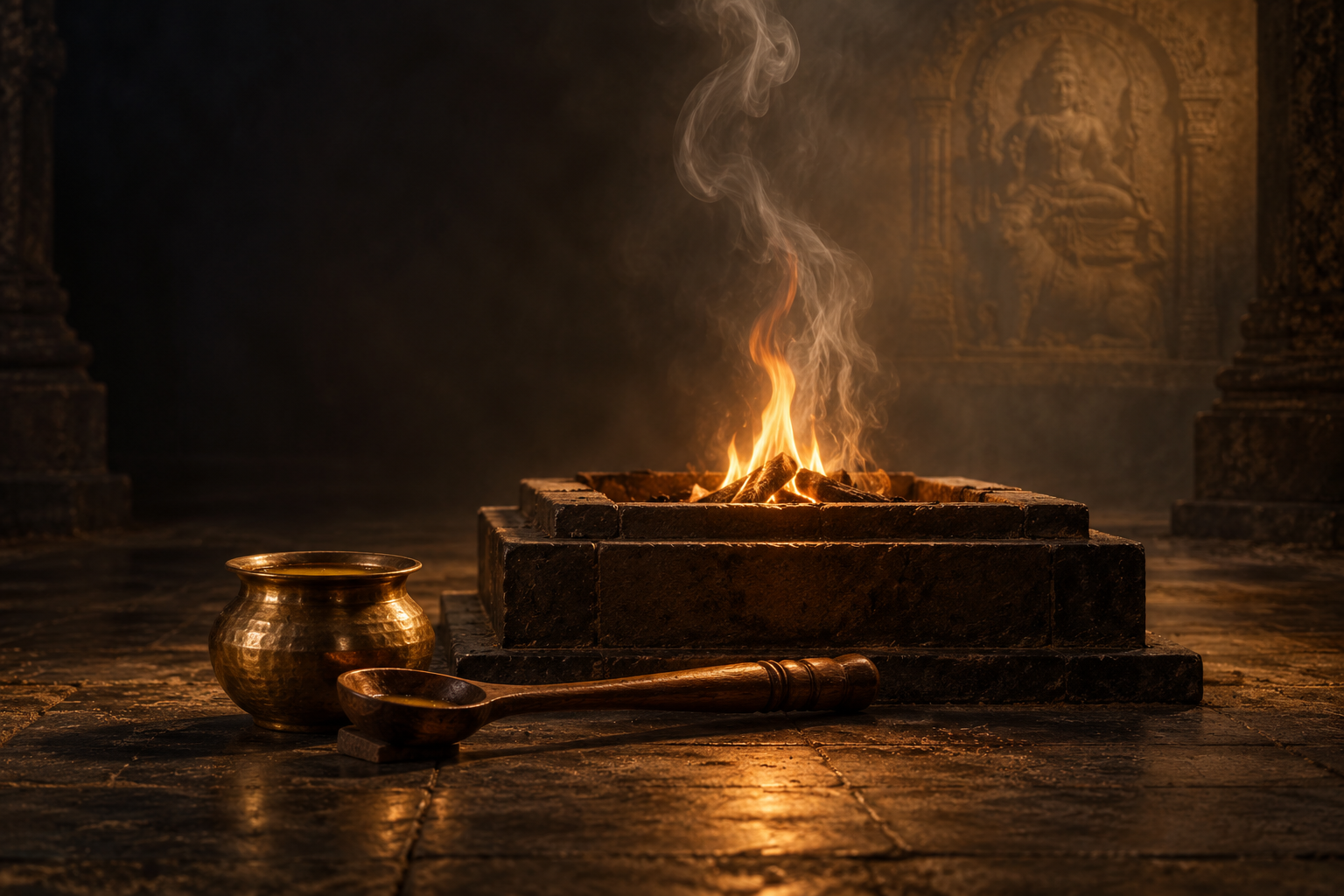 A wooden sruva and ghee vessel rest beside a small yajna fire, with a faint stone relief visible through the rising smoke.