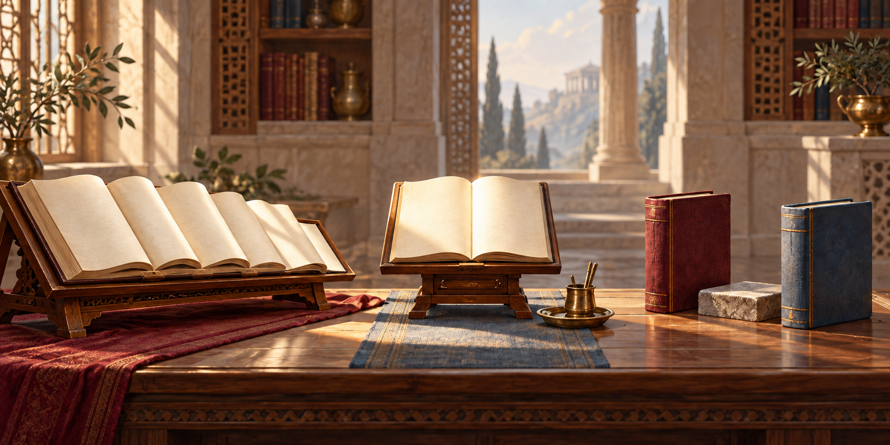 Three scripture study arrangements show multiple open pages, one illuminated page, and two separate volumes in a quiet library alcove.