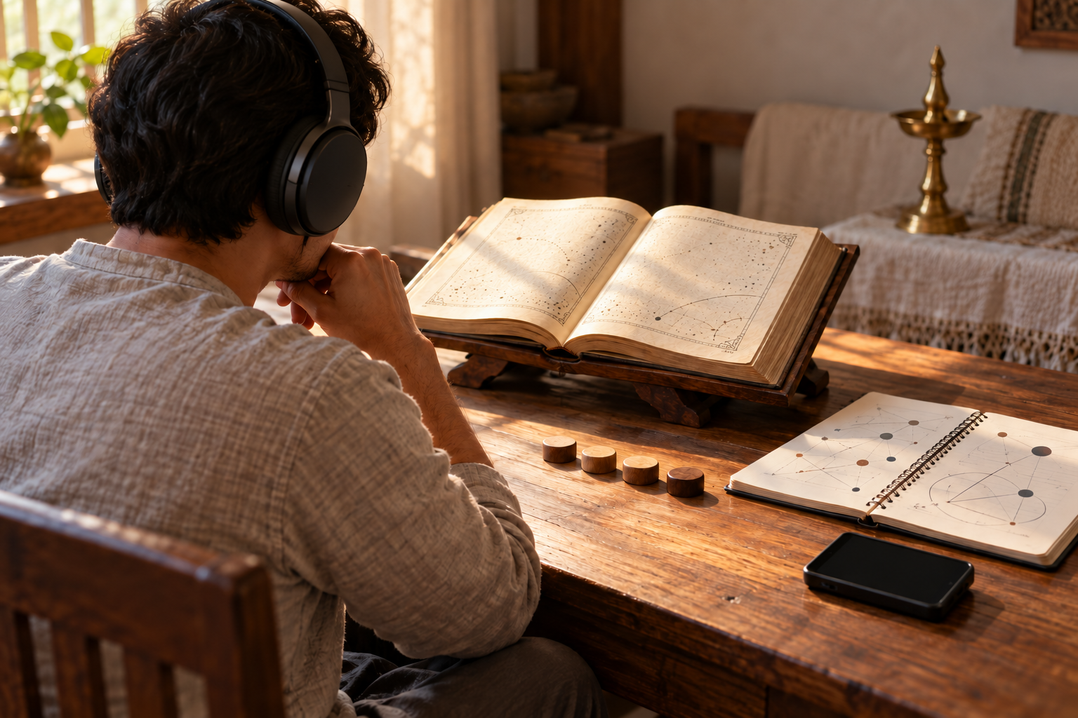 A listener wearing headphones studies an open scripture beside a notebook of abstract marks and four wooden counters arranged in sequence.