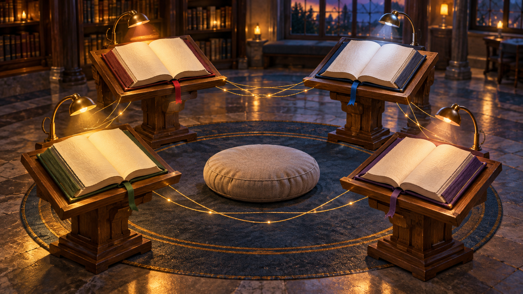 Four differently bound open scripture volumes sit on separate lecterns connected by fine golden threads around an empty listening cushion.