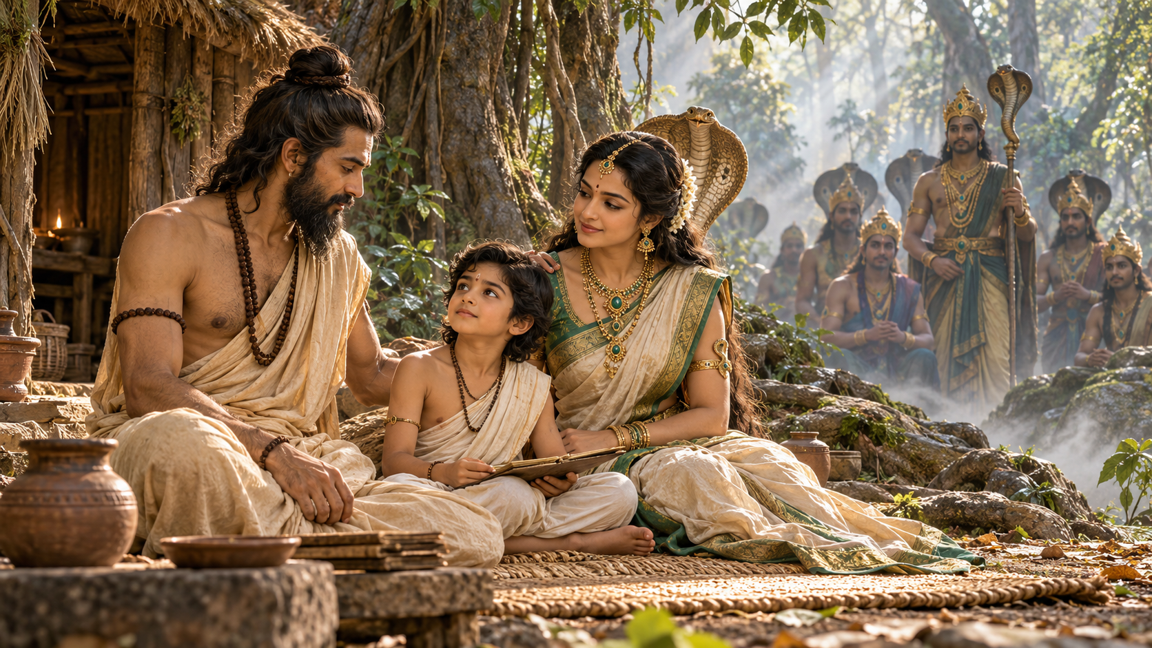 Jaratkaru sits at a forest hermitage with his naga wife and the young Astika while naga elders watch from the shaded background.