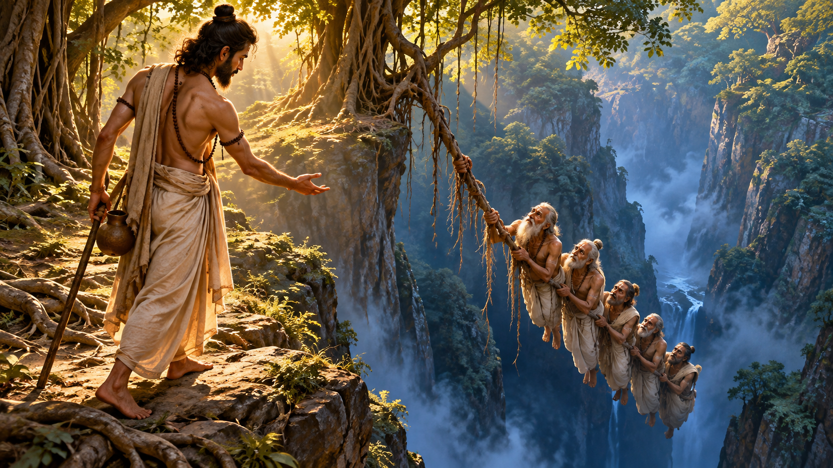 The ascetic Jaratkaru looks across a forest chasm at his ancestors hanging from a fragile root above the darkness.