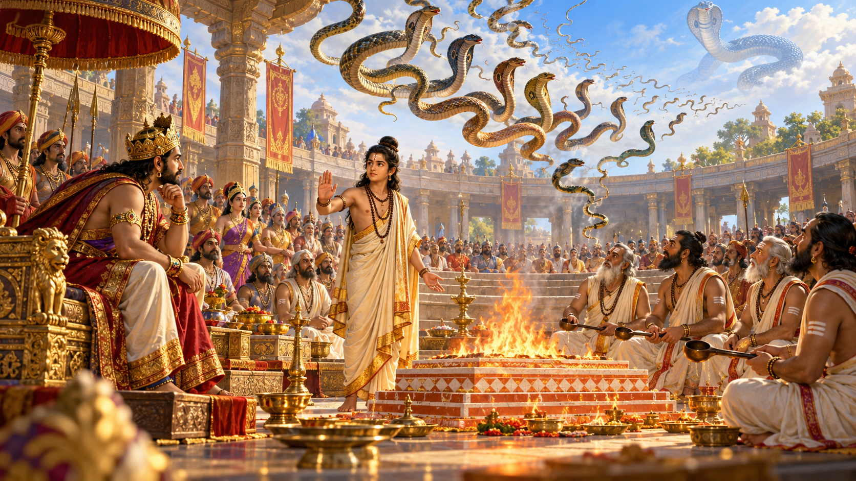Astika respectfully addresses King Janamejaya as priests lower their implements and serpents turn away from the halted sacrificial fire.