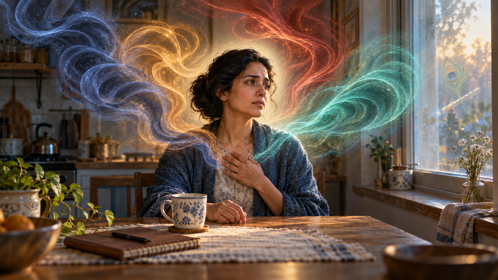 A person sits at a kitchen table observing several translucent currents that curl toward their hands, while a calm light surrounds their face.