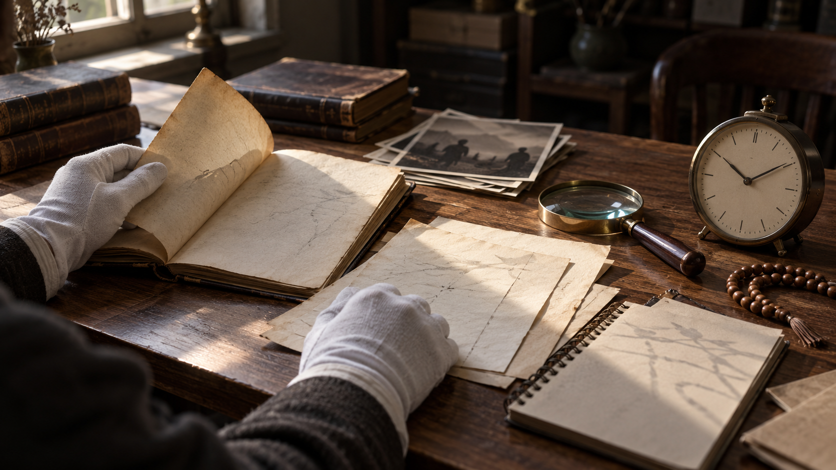 Gloved hands examine archival papers beside a magnifying glass, clock, prayer beads and a stack of indistinct historical photographs.