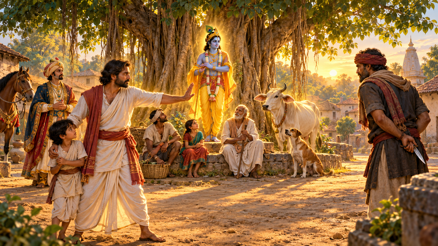 Krishna's light reaches people and animals equally as a householder calmly sets a boundary with an armed man and guides a child to safety.