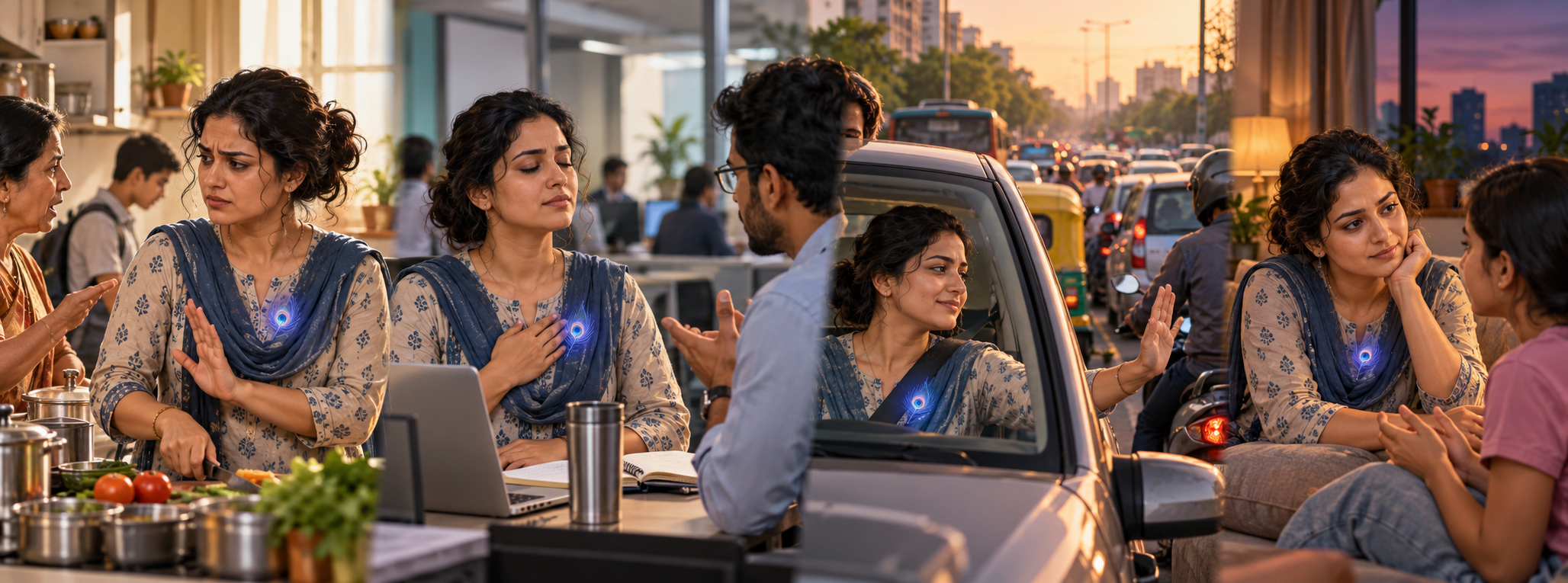 The same person practices a calm pause during tension at home, at work, in traffic, and in an evening family conversation.