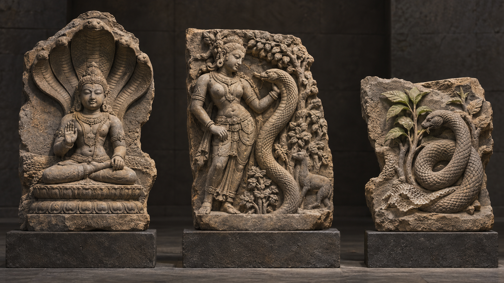 Three carved stone fragments show serpents in protective, sensuous, and renewal-related settings.