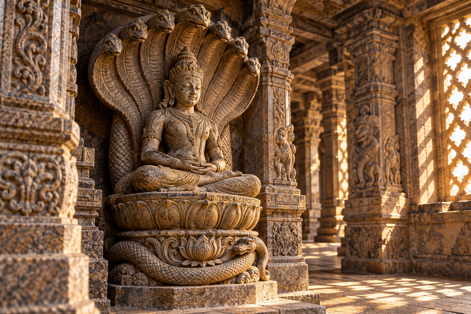 Temple carving of a seated figure beneath a many-hooded serpent canopy, with a smaller serpent motif near the pedestal.