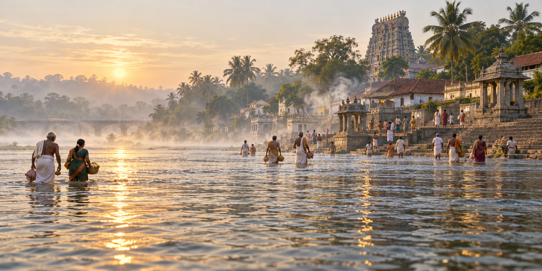 Pilgrims carrying bathing cloths, flowers, and charity parcels approach misty stone steps on the Kaveri River at sunrise.