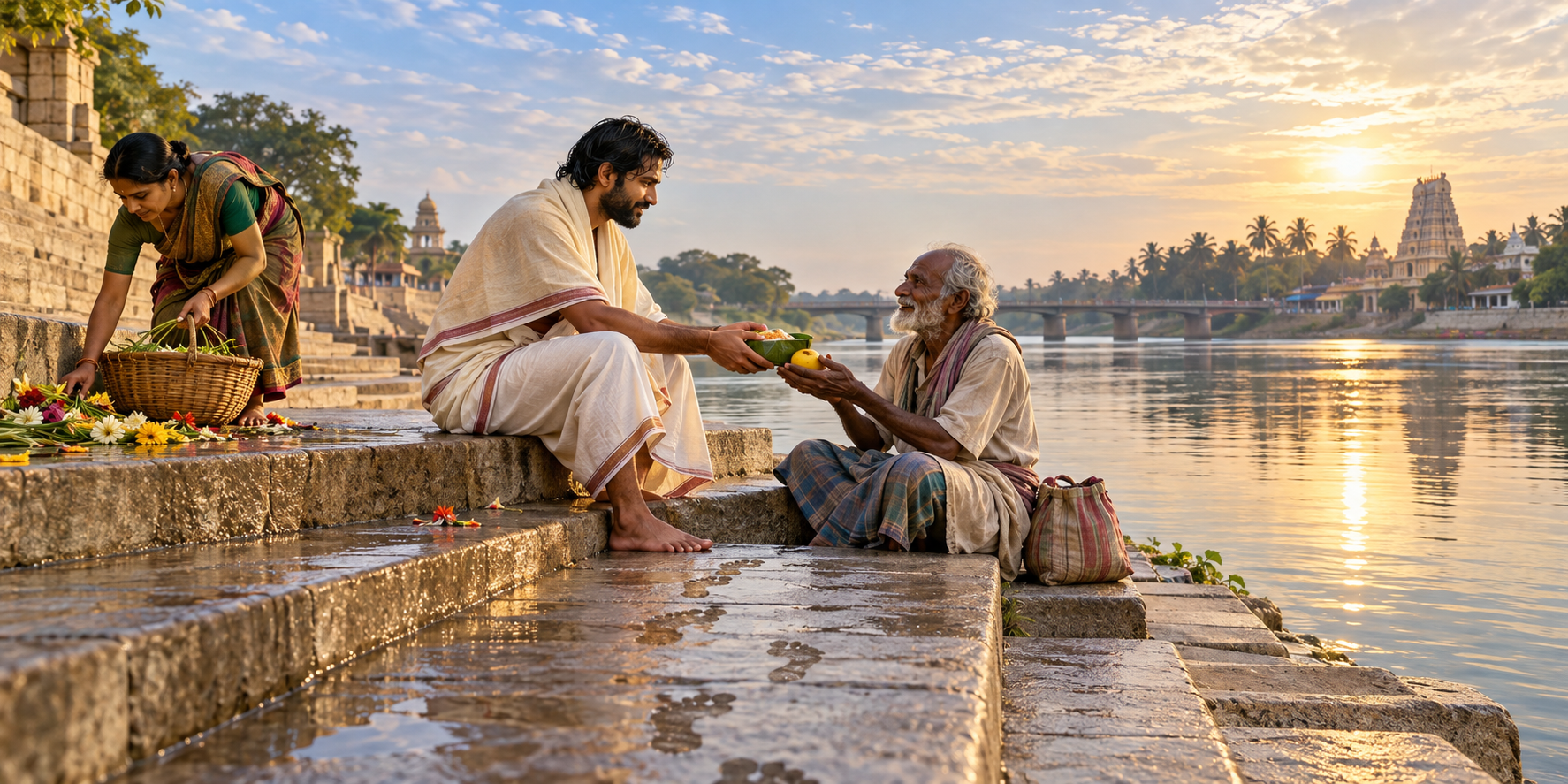 A pilgrim beside the Kaveri offers food to an elderly traveler while another visitor collects discarded flowers from the riverbank.