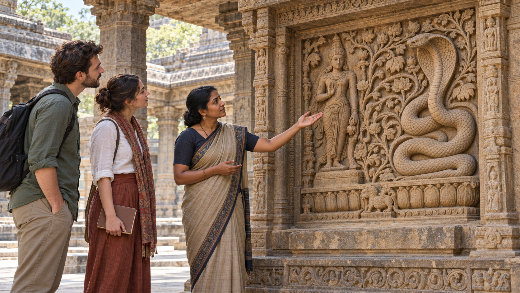 Visitors and an art historian examine the posture, placement, and surrounding details of a serpent relief in a temple courtyard.