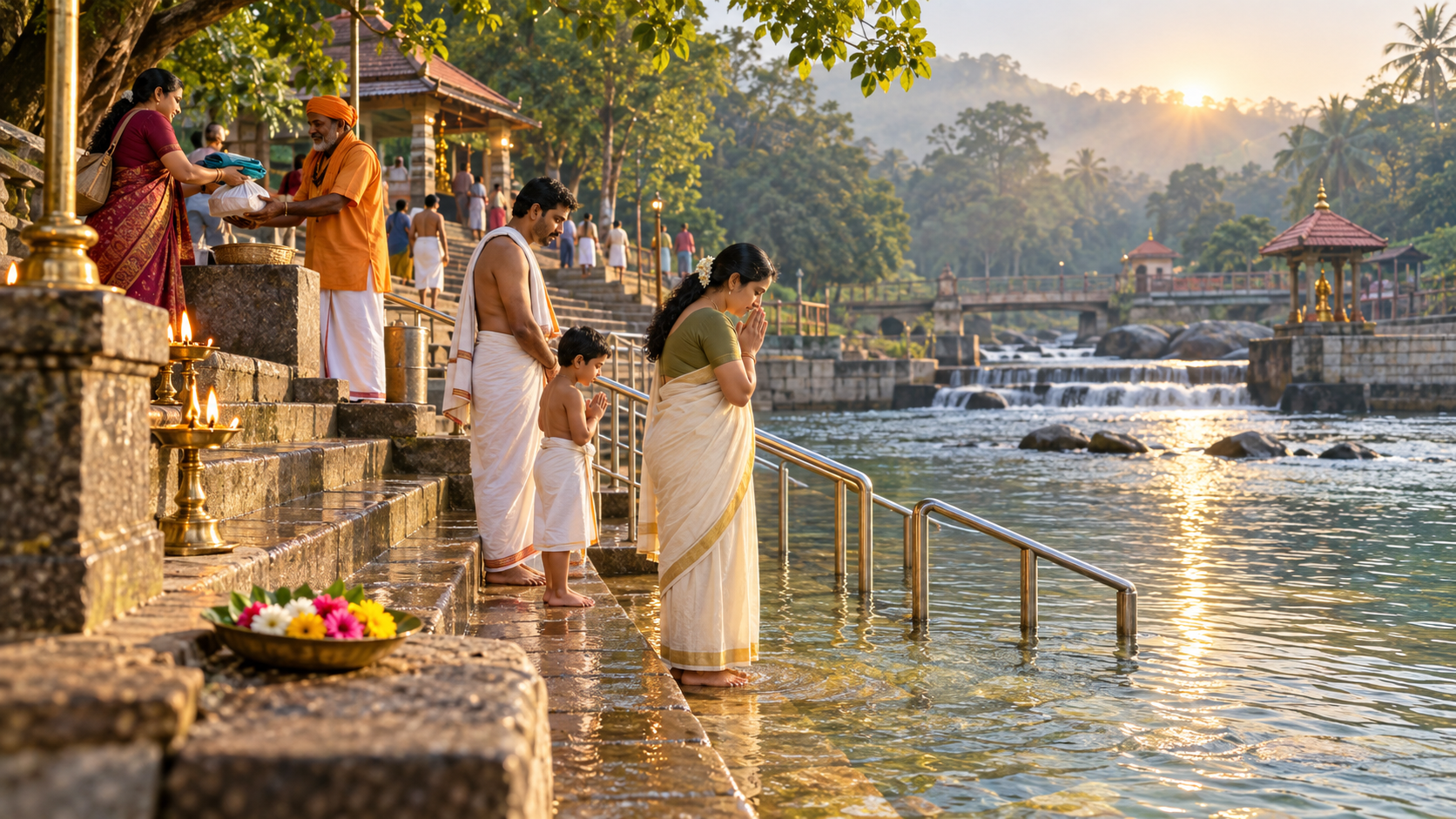 Pilgrims pray and bathe in a calm shallow area of the Kaveri while a worshipper gives food and cloth to a volunteer on the steps.