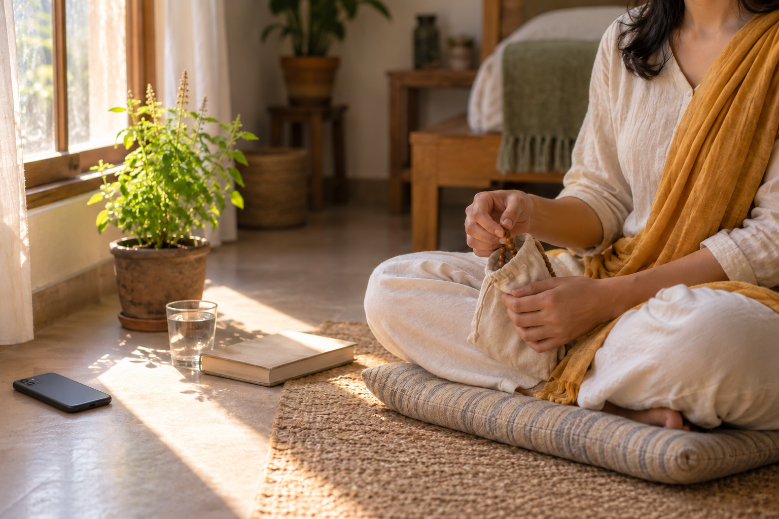 A seated seeker begins a morning prayer practice with wooden beads while a closed book, water glass, tulsi plant and face-down phone rest nearby.