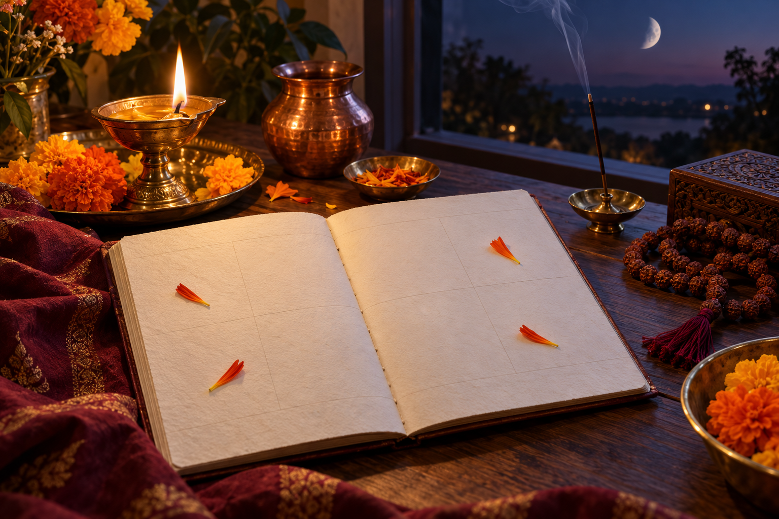 An unmarked paper planner with four saffron petals beside a lit brass diya, marigolds, a copper vessel, incense, and prayer beads.