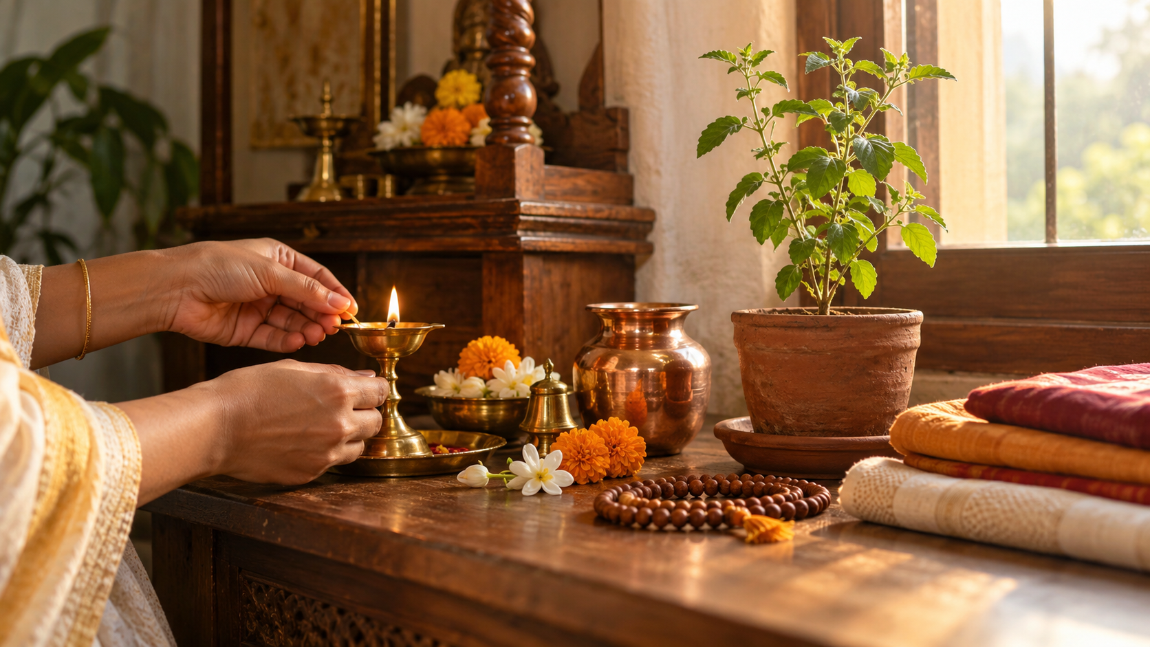 Hands tending a brass oil lamp beside prayer beads, flowers, coloured cloth and a young potted tree in a home devotional space.