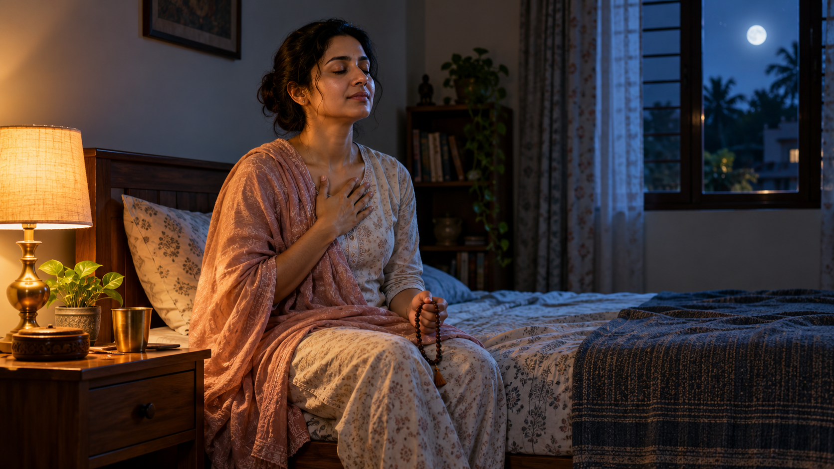 A person seated calmly on a bed at night, holding wooden prayer beads beside a softly glowing brass lamp.
