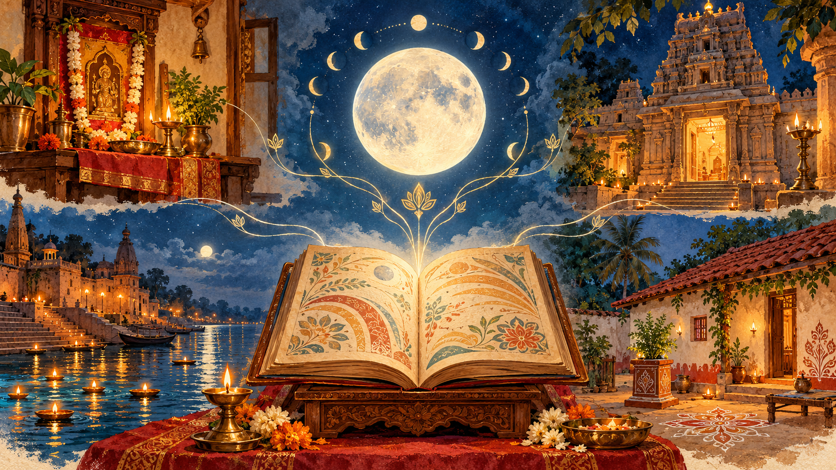 An illustrated moon and open almanac connected to scenes of a home shrine, temple, riverside ghat, and rural courtyard.