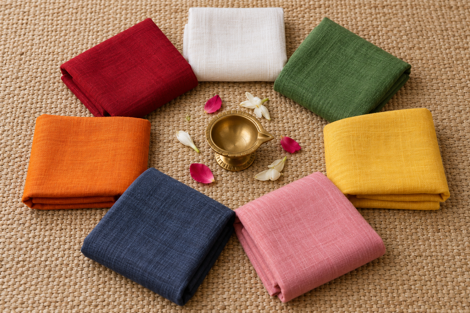 Seven differently coloured pieces of handwoven fabric arranged around a small brass oil lamp and flower petals.