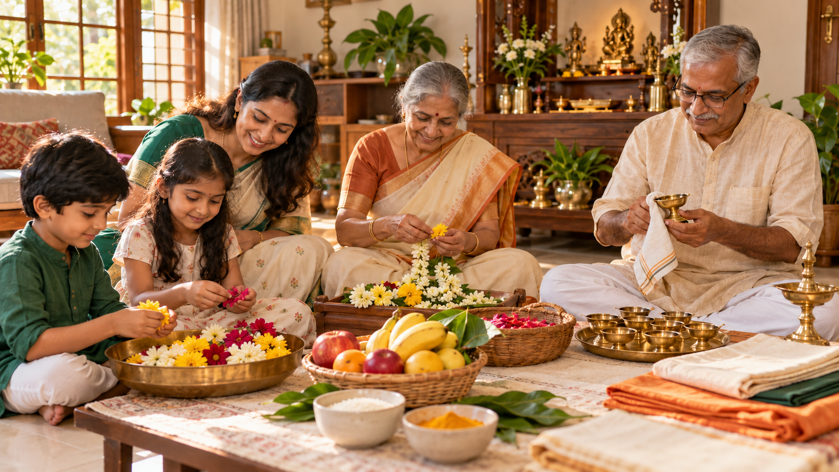 Family members prepare flowers, brass lamps, fruit, rice, turmeric, and altar cloths beside a clean household shrine.