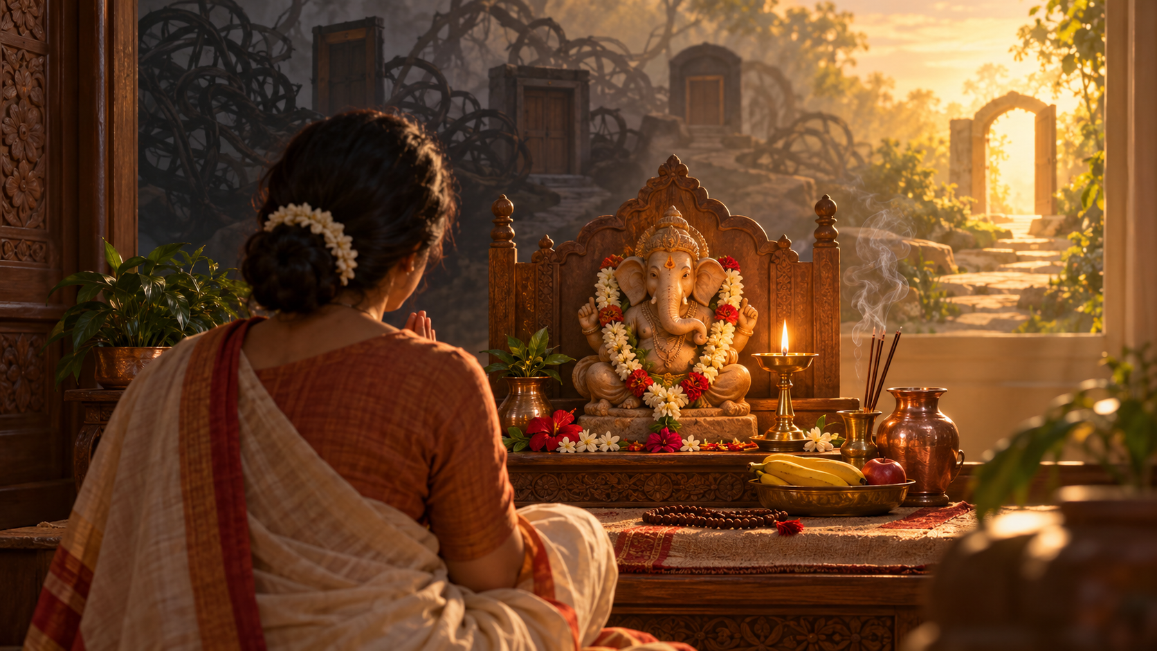 A seated devotee faces a small Ganesha shrine with an oil lamp, flowers, prayer beads, fruit, incense, and a copper vessel.