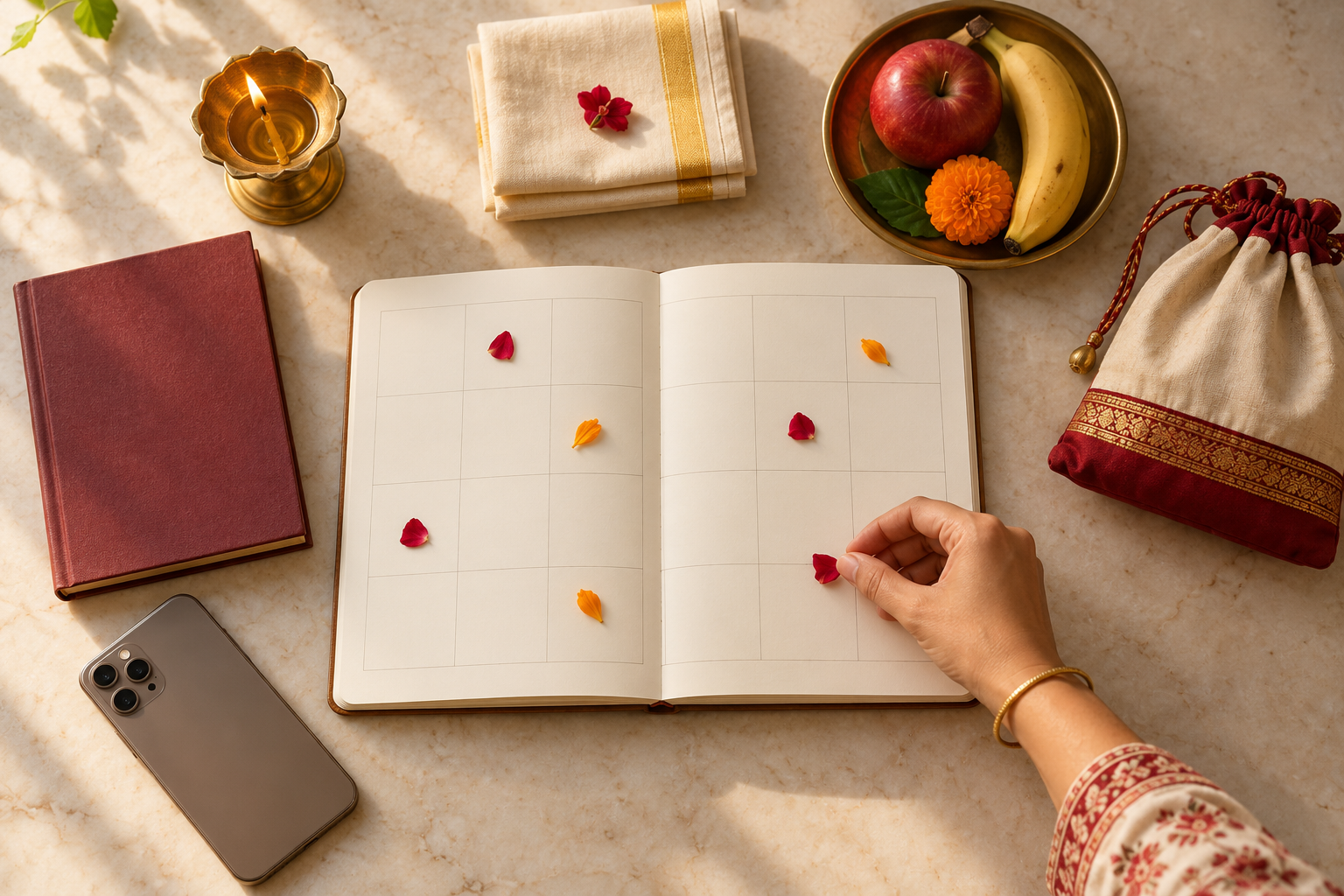 A hand marks a blank planner with flower petals beside a diya, prayer cloth, fruit, temple bag, phone, and unlettered panchang.