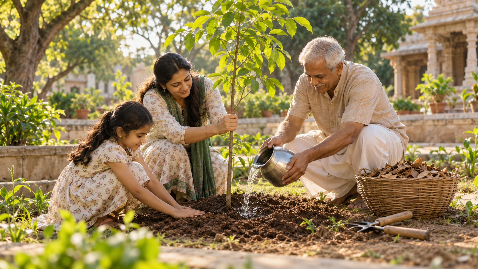 Two adults and a child watering and tending a newly planted tree in a sunny garden courtyard.