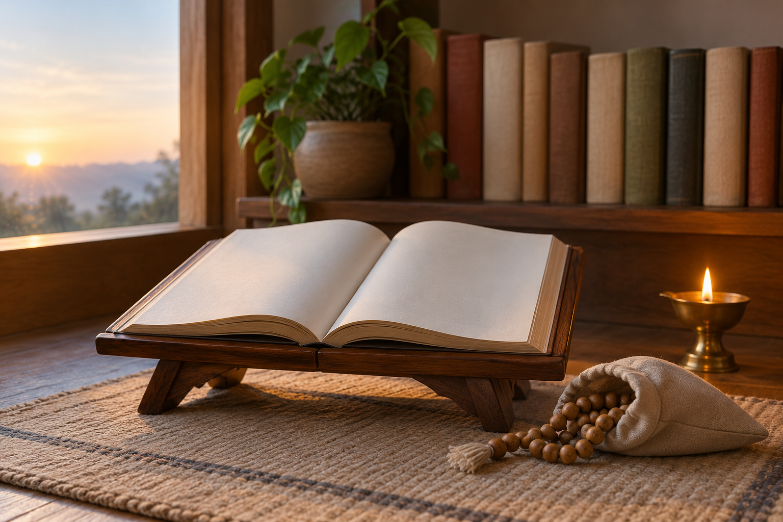 An open devotional book on a wooden stand beside a cloth bead bag and wooden chanting beads in a softly lit prayer corner.