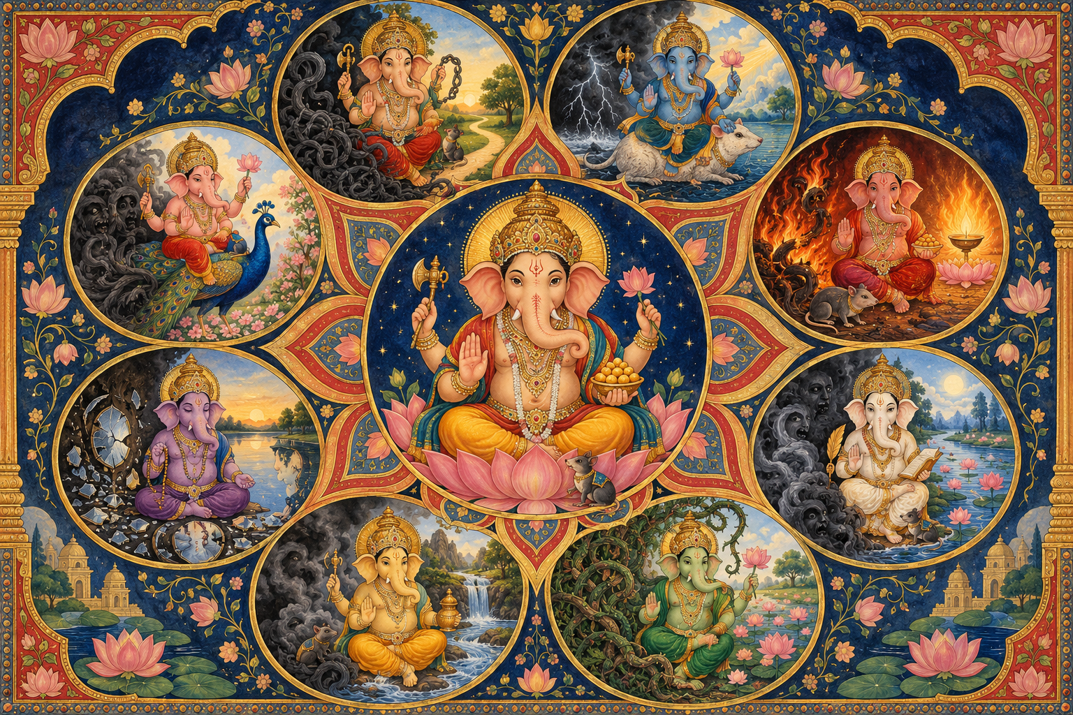 A central Ganesha is encircled by eight smaller symbolic scenes in which dark obstacles transform into open paths, water, lotuses, and light.