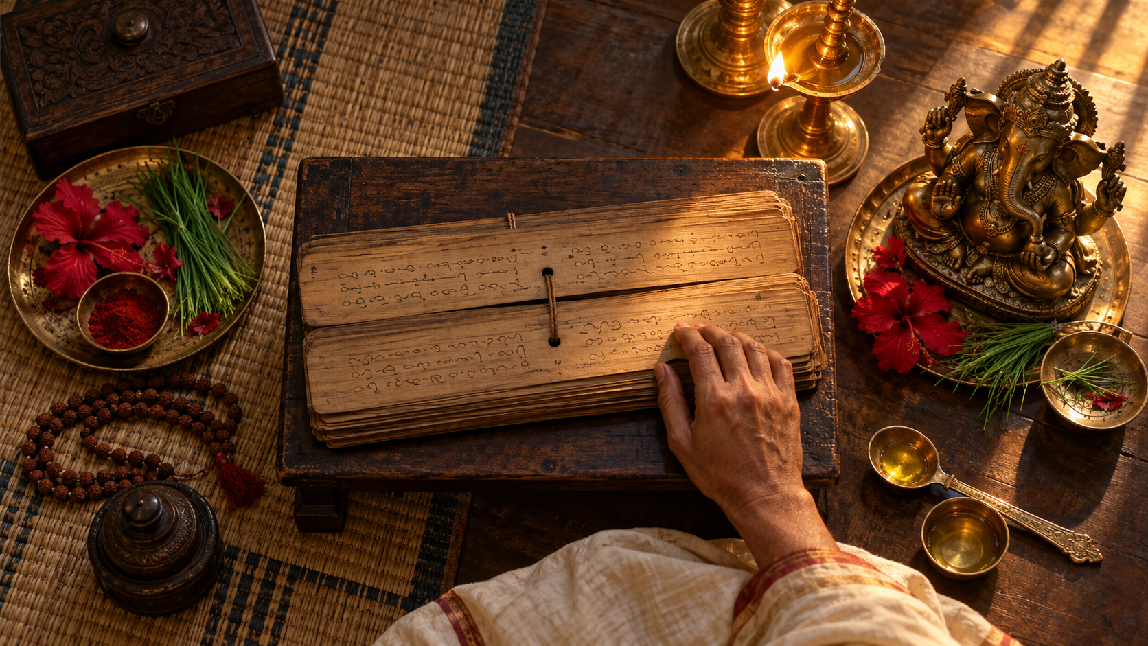 A palm-leaf manuscript, bronze Ganesha figure, oil lamp, prayer beads, flowers, durva grass, and ritual implements are arranged together on a wooden study surface.