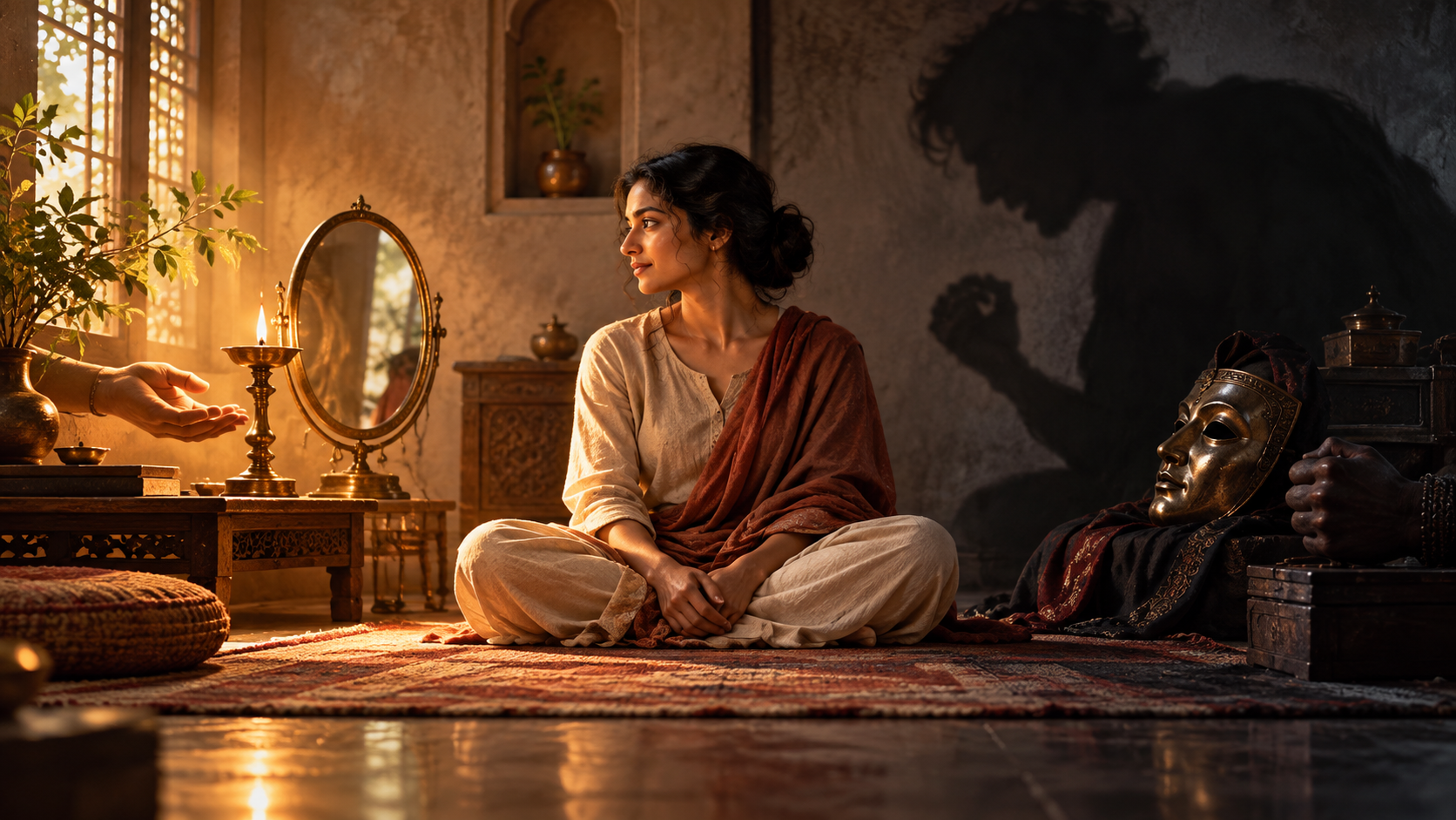A seated person turns toward a steady oil lamp and open hand while a large shadow and ceremonial mask occupy the darker side of the room.