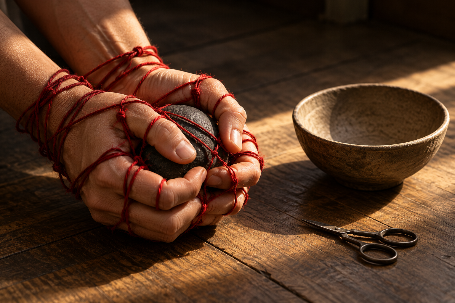 Two hands grip a dark stone while red thread coils into knots around the fingers and wrist, with scissors and an empty bowl nearby.