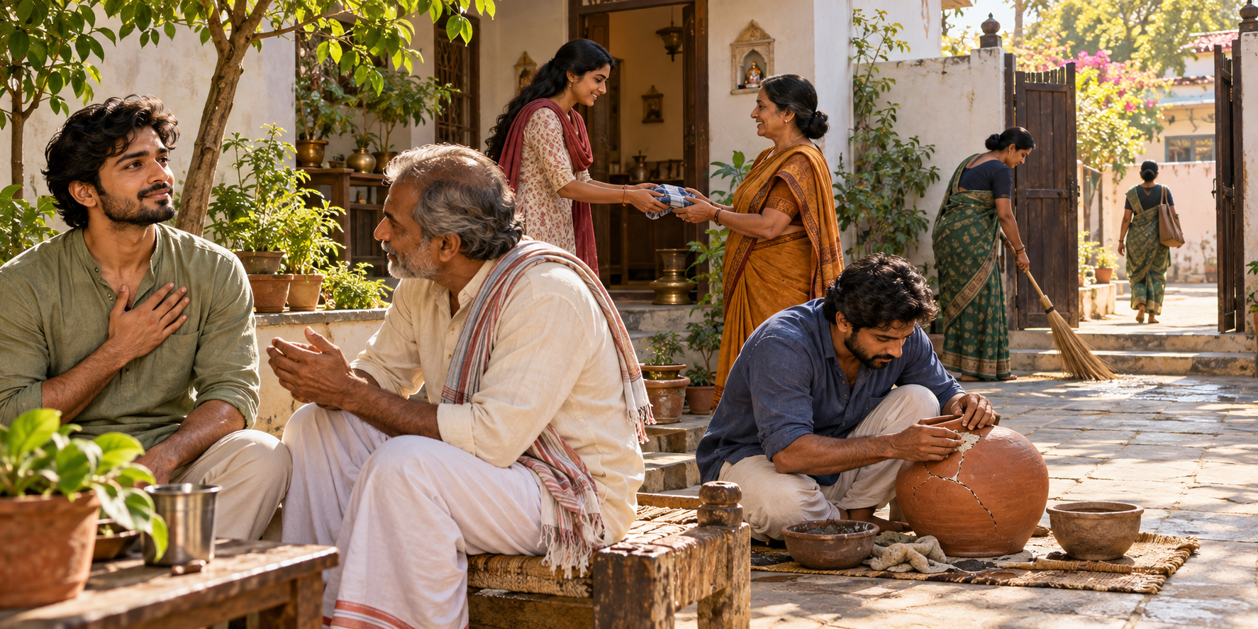 People in a sunlit courtyard acknowledge harm, speak humbly, return an object, repair a clay pot, and clean a shared threshold.
