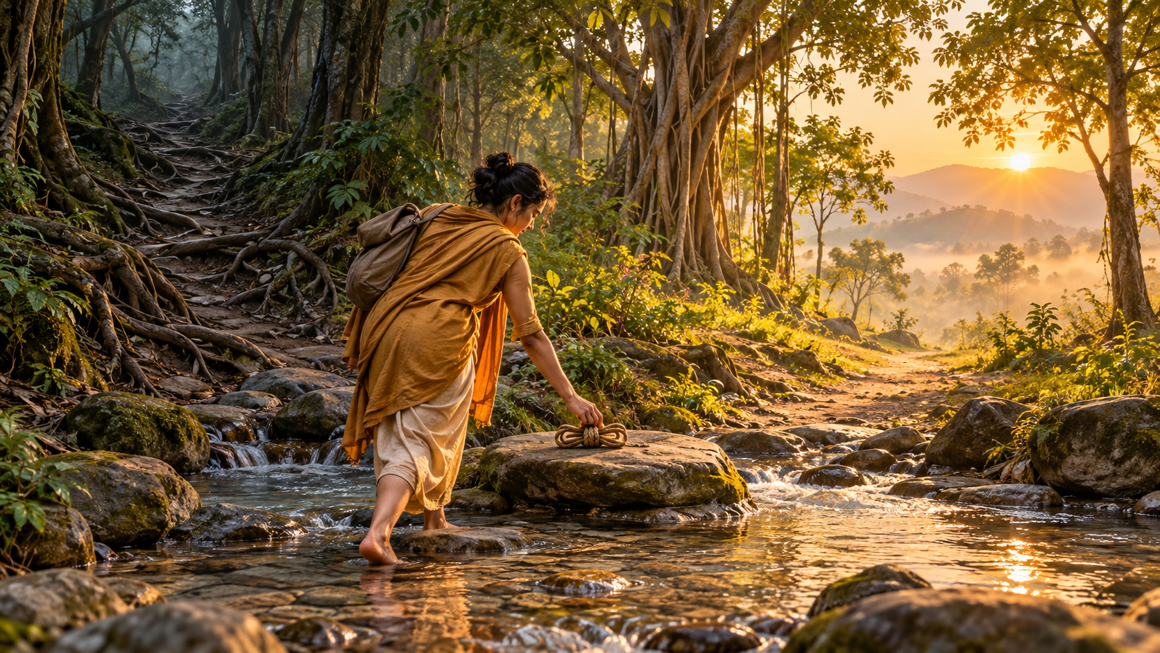 A traveler leaves a knotted cord on a river stone and steps toward a sunlit forest path at sunrise.