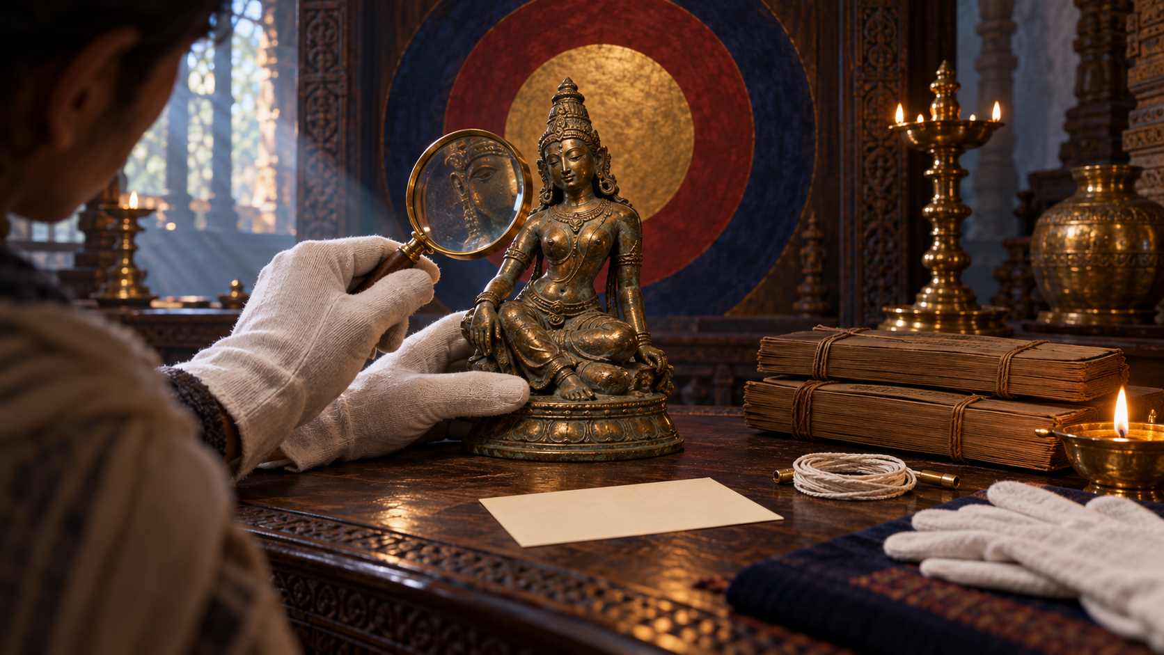 A researcher uses a magnifying lens to examine an unidentified bronze goddess figure on a wooden table, surrounded by archival tools and three softly glowing fields of color.