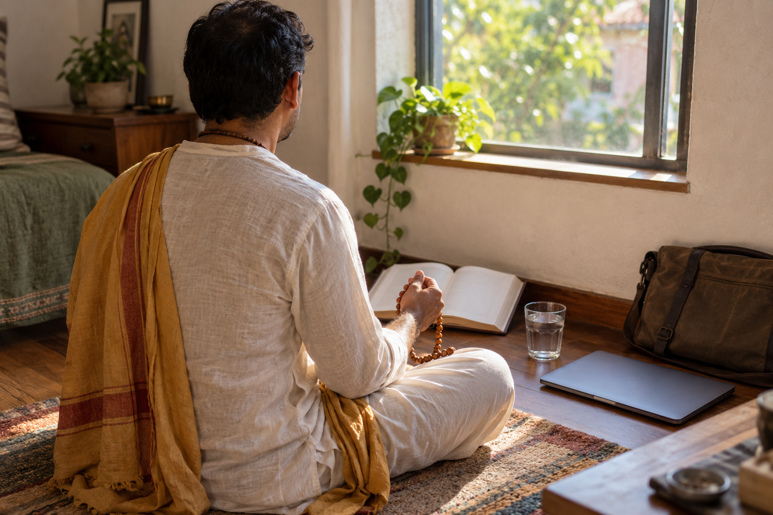 A devotee chants with wooden beads beside an open book in a sunlit room, with a work bag and closed laptop nearby.