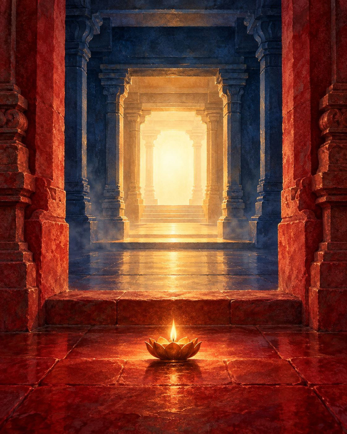 A lotus-shaped lamp stands before a stone doorway leading through three increasingly luminous chambers into a golden-white glow.