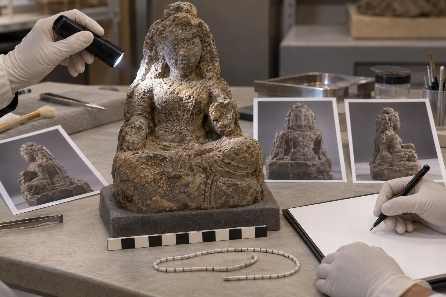 Gloved hands document a weathered goddess sculpture with a camera, measuring cord, scale blocks, and angled light on a conservation table.