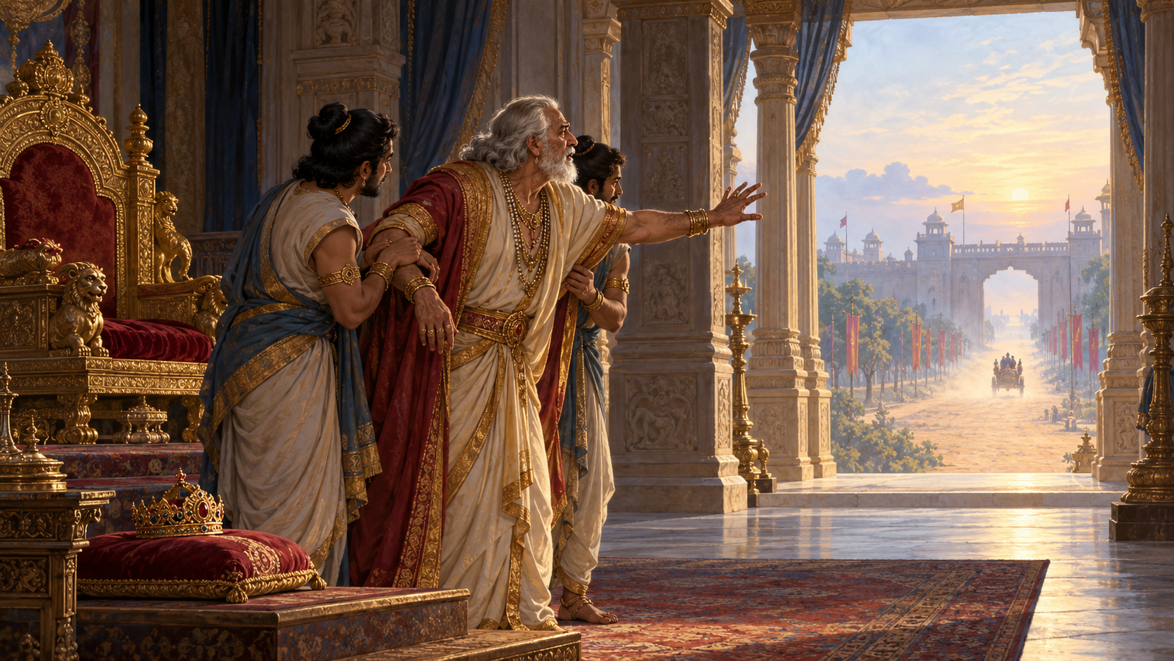 The grieving King Dasharatha reaches toward a distant departing chariot from inside an Ayodhya palace while attendants support him and an empty throne stands behind him.