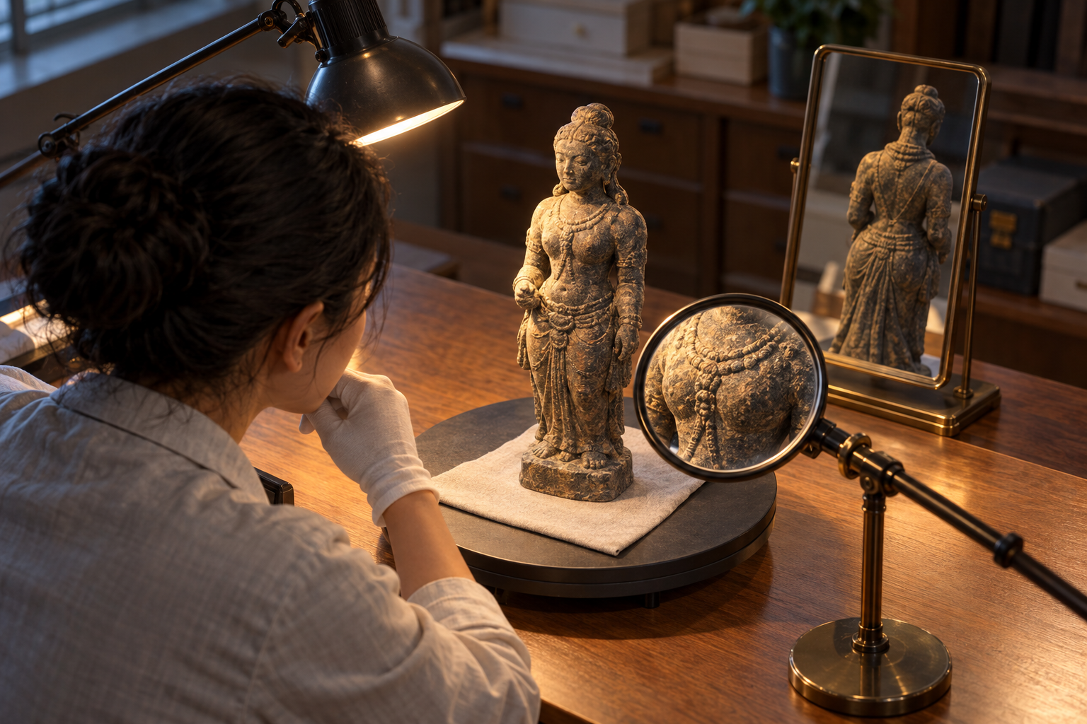A conservator examines an unidentified goddess sculpture using a turntable, mirror, focused lamp, magnifying lens, and neutral backdrop.