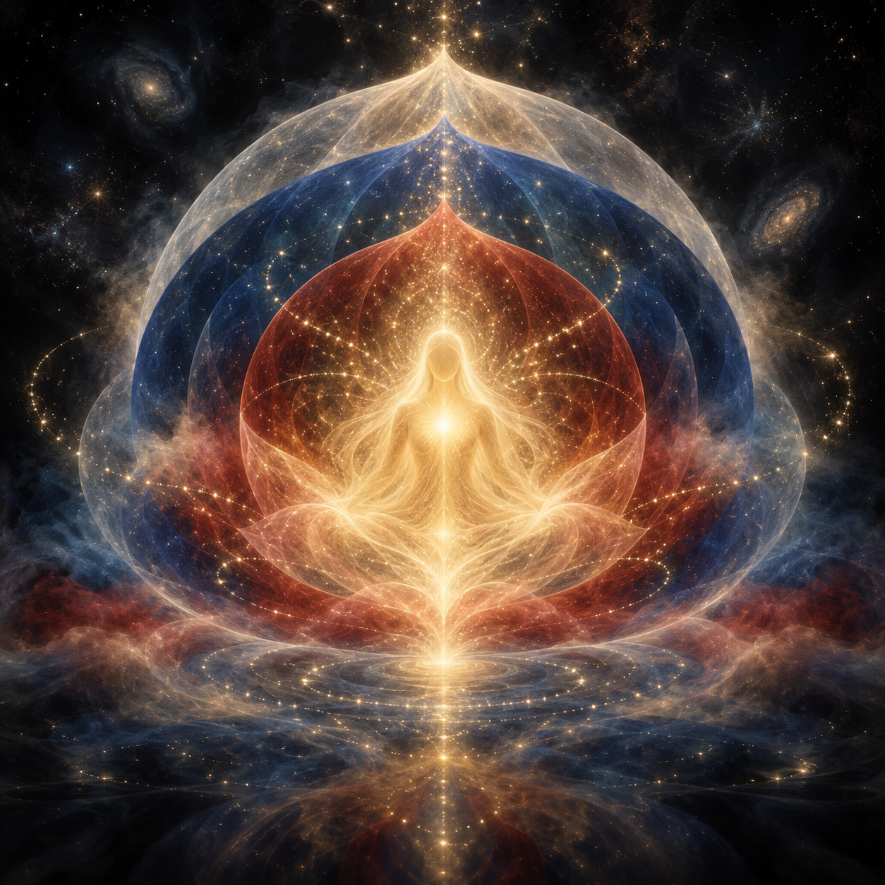 An abstract feminine presence made of golden light appears at the center of three translucent red, blue, and white veils.